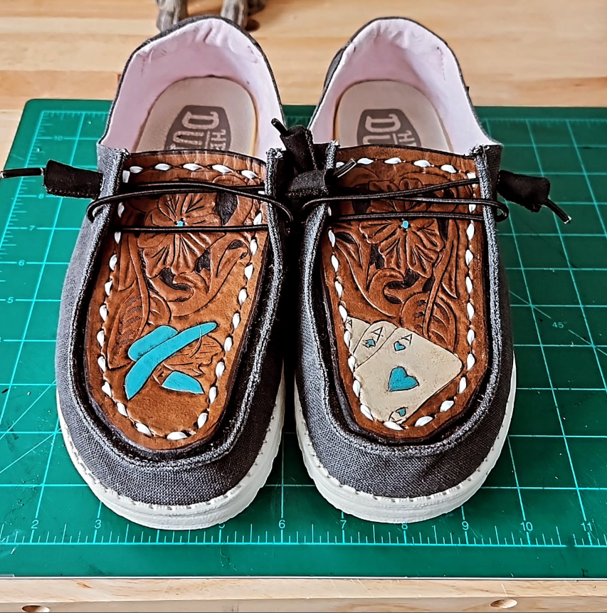 Marleigh Jett crafts custom Hey Dudes with her leathe working business. Photo Courtesy of Marleigh Jett
