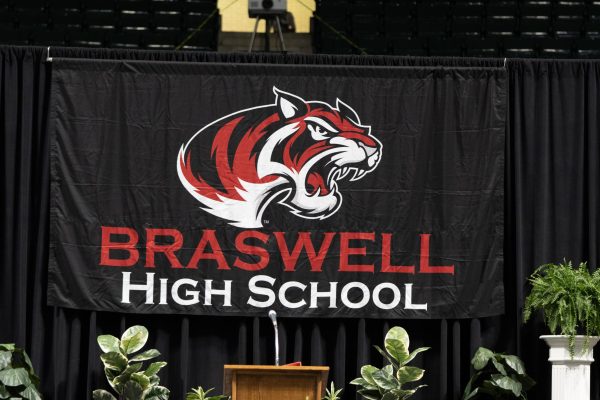 The Braswell HS backdrop banner put up at the UNT Coliseum during graduation.